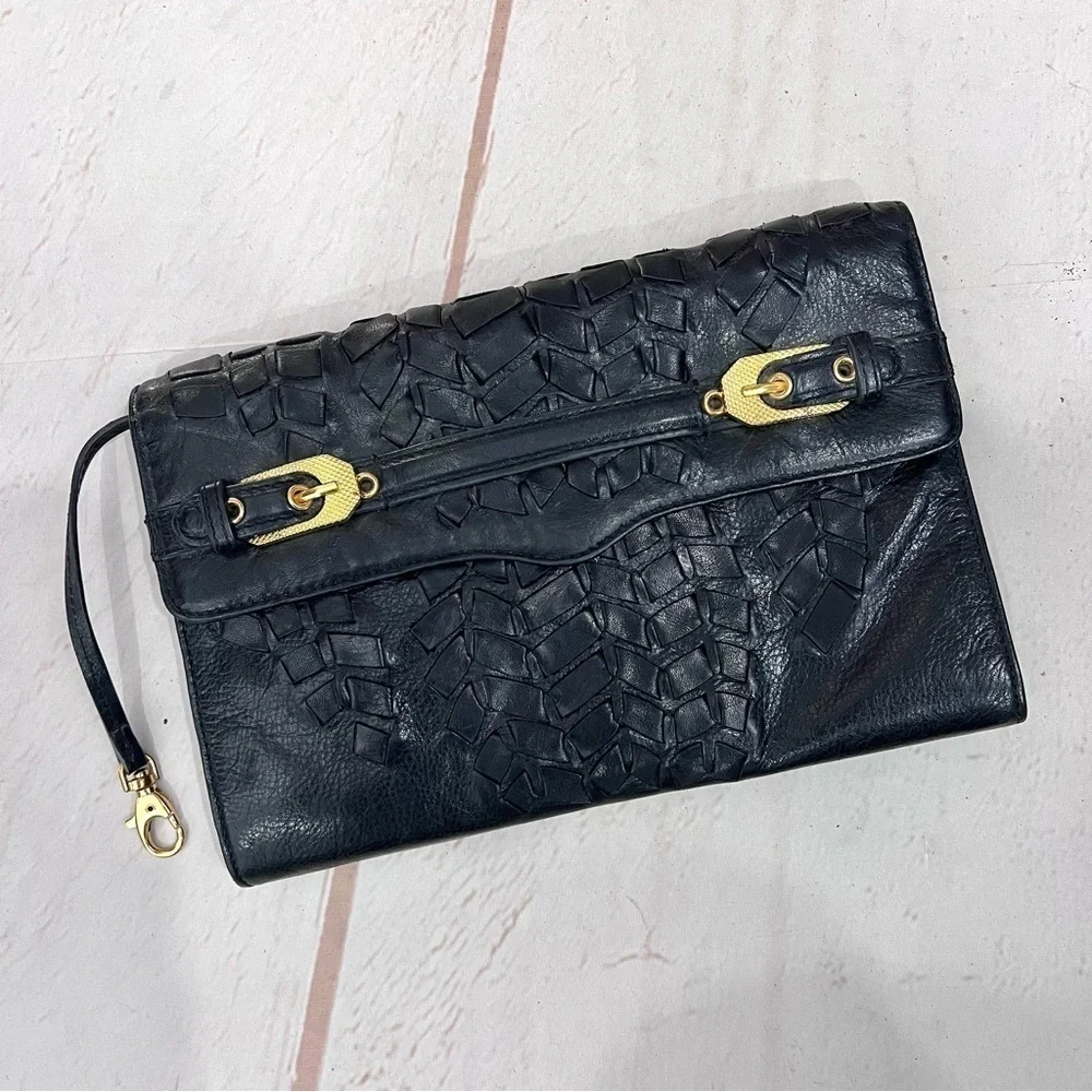 Rebecca Minkoff Weaved Leather Gold Buckle Envelope Clutch Purse